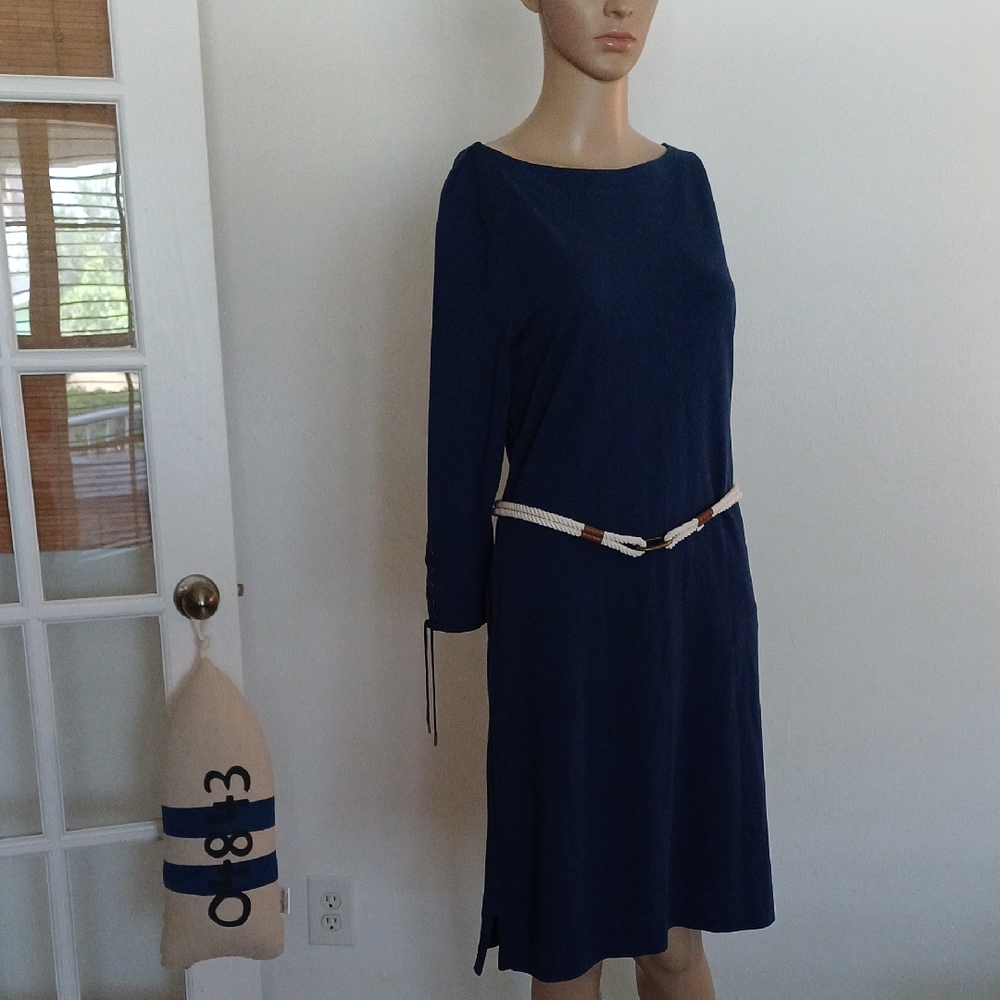 Lauren Ralph Lauren Nautical Belt Indigo Blue Cotton Pocket Shift Dress NWT S